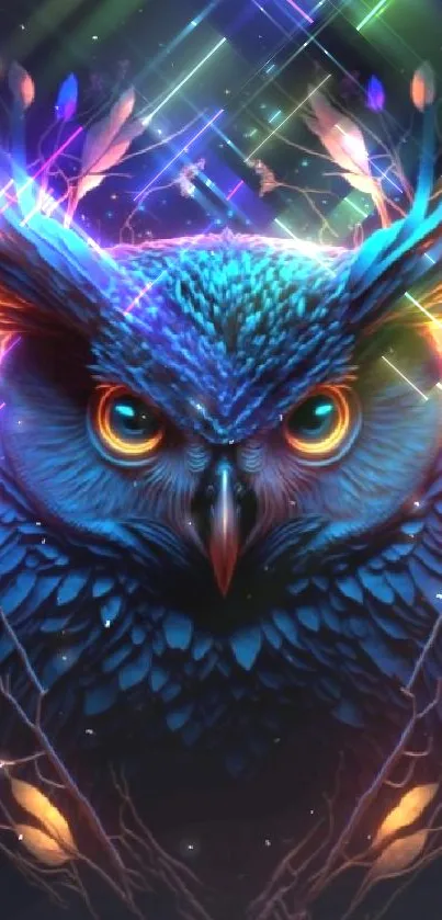 Vibrant owl with glowing eyes in a colorful artistic style.