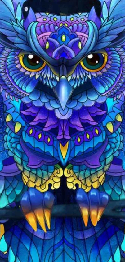 Vibrant and colorful owl art wallpaper in blues and purples.