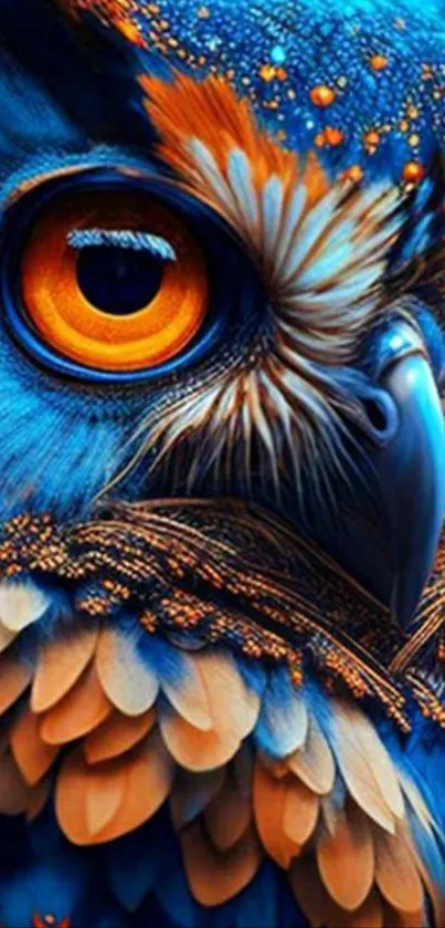 Close-up of a vibrant blue and orange owl illustration.