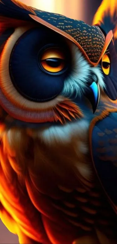 Vibrant owl art wallpaper with orange and blue hues, perfect for mobile screen.