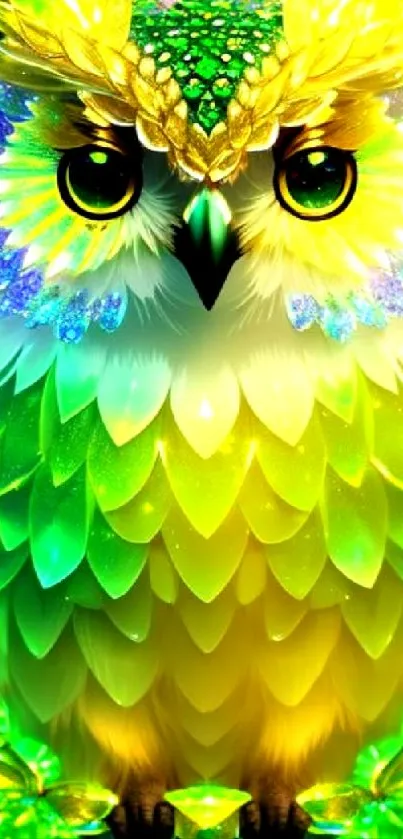 Vibrant and colorful owl artwork with glowing green and yellow feathers.