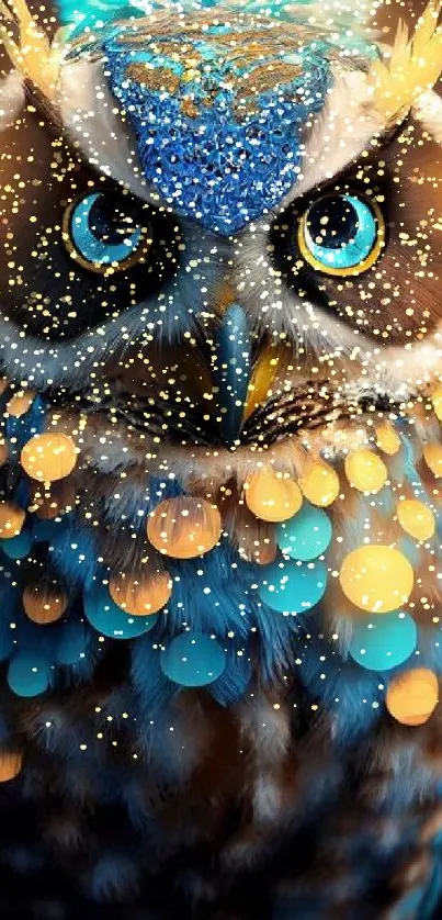 Blue and golden owl art wallpaper with vibrant colors and intricate details.