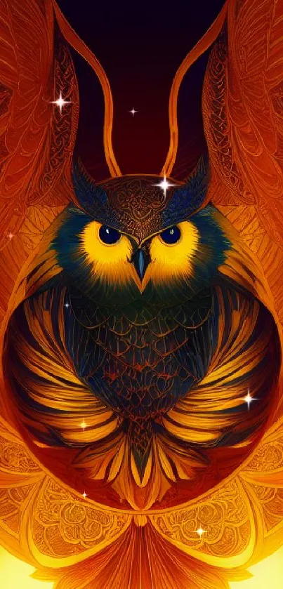 A vibrant owl wallpaper with intricate orange and yellow hues.