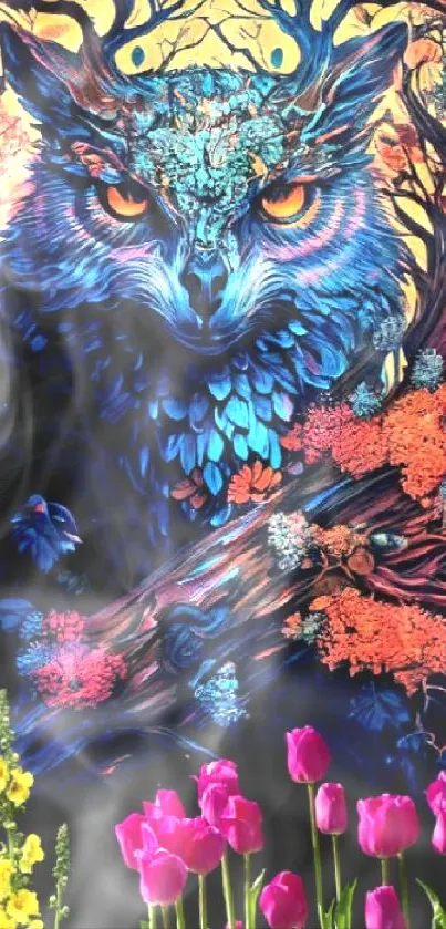 Colorful owl art wallpaper with vibrant flowers and a mystical forest.