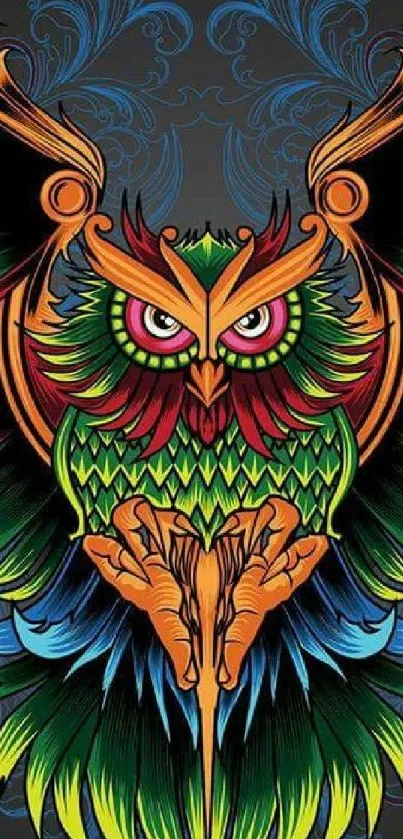 Vibrant, colorful owl art wallpaper with intricate patterns.