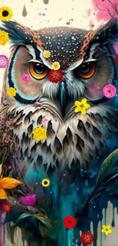 Artistic owl wallpaper with vibrant colors and floral accents.