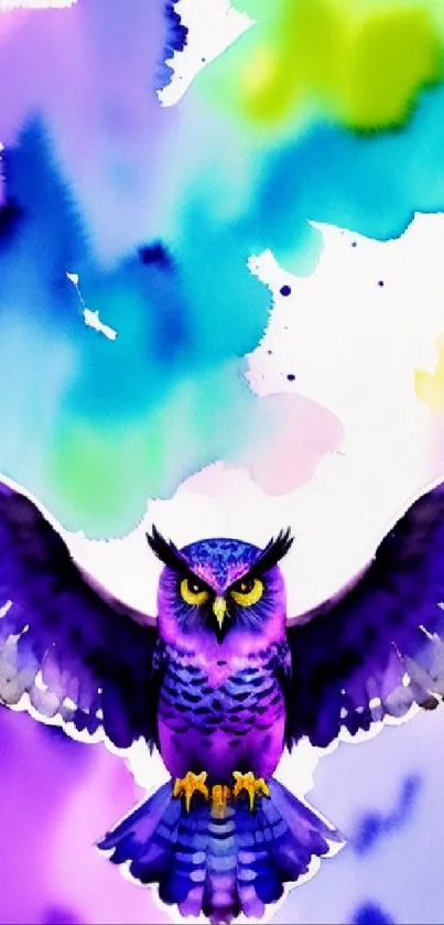 Vibrant watercolor owl art with colorful splashes in background.