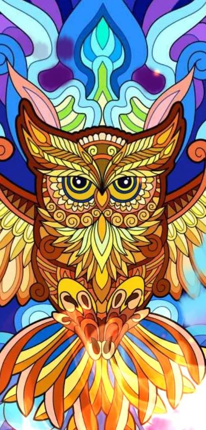 Vibrant owl art wallpaper with colorful and intricate designs.