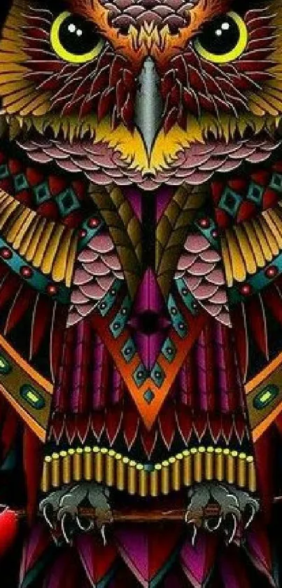 Vibrant owl artwork with colorful patterns and dark orange hues.