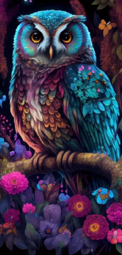 Vibrant owl artwork surrounded by colorful flowers and nature.