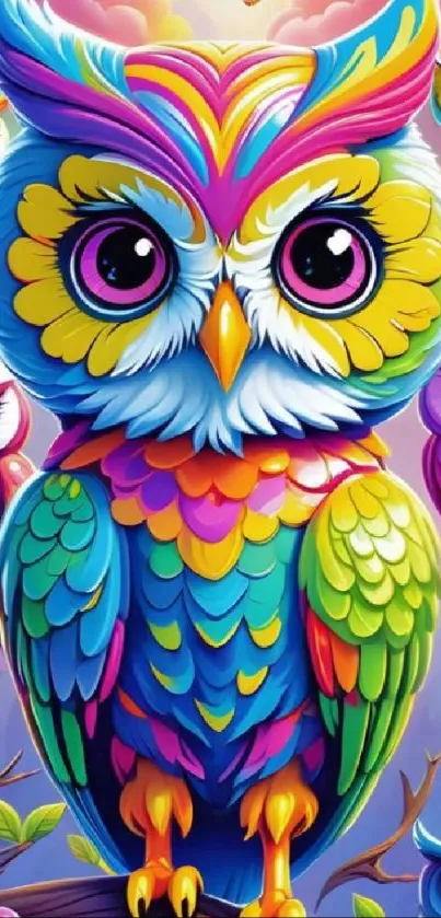 Colorful and vibrant owl art mobile wallpaper with detailed feathers and bright hues.