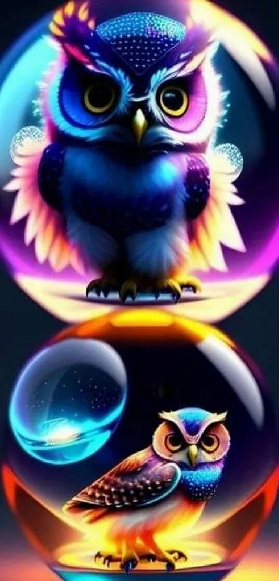 Colorful fantasy art of vibrant owls in glowing orbs.