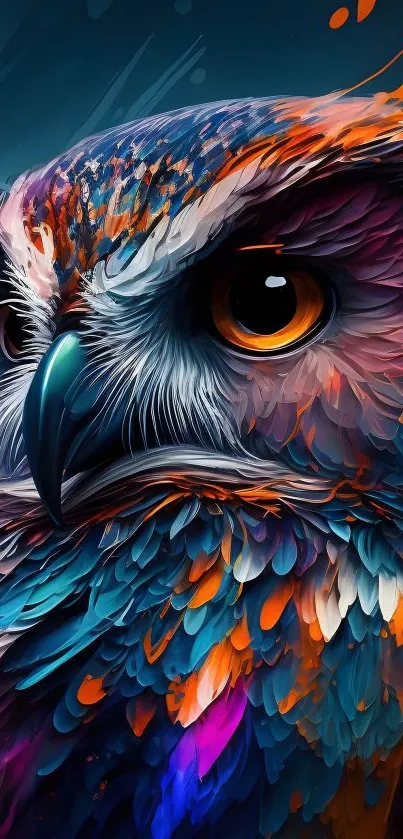 Abstract owl artwork with vibrant colors and intricate feather details.