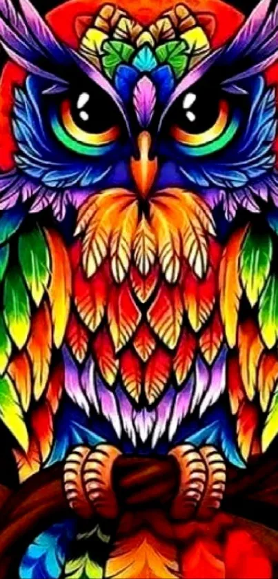 Colorful abstract owl artwork in vibrant hues.