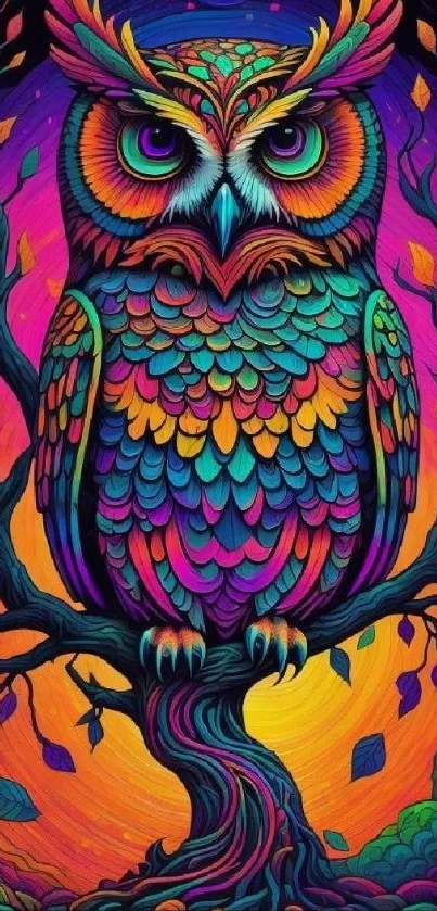 Vibrant colorful owl art wallpaper on a tree.