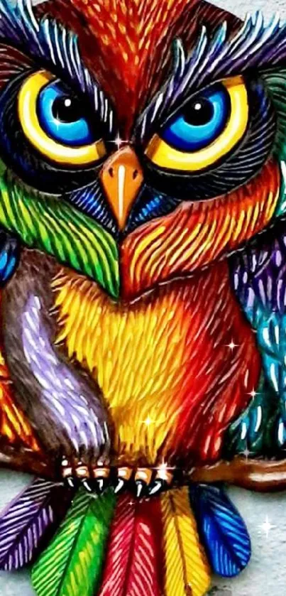 Colorful vibrant owl artwork with striking blue eyes on mobile wallpaper.