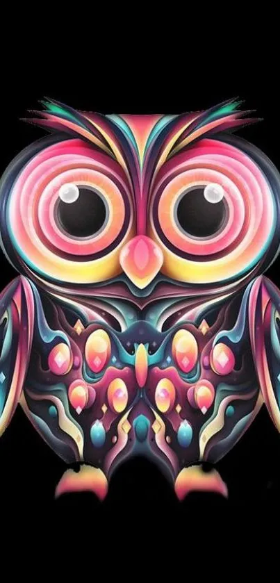 Vibrant owl art wallpaper with colorful and intricate design on black background.