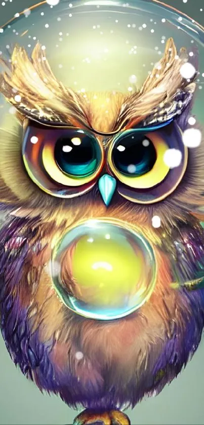 Colorful owl encased in a dreamy bubble on mobile wallpaper.