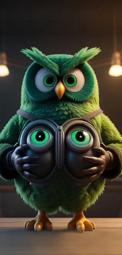 Vibrant green owl character with expressive eyes in a cozy setting, perfect for mobile wallpaper.