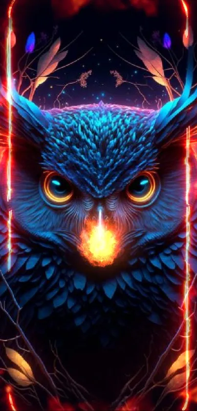 Vibrant blue owl with glowing eyes on a mystical digital background.
