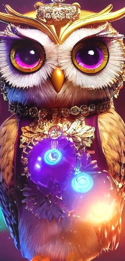 Fantasy owl with vibrant colors on a magical mobile wallpaper.