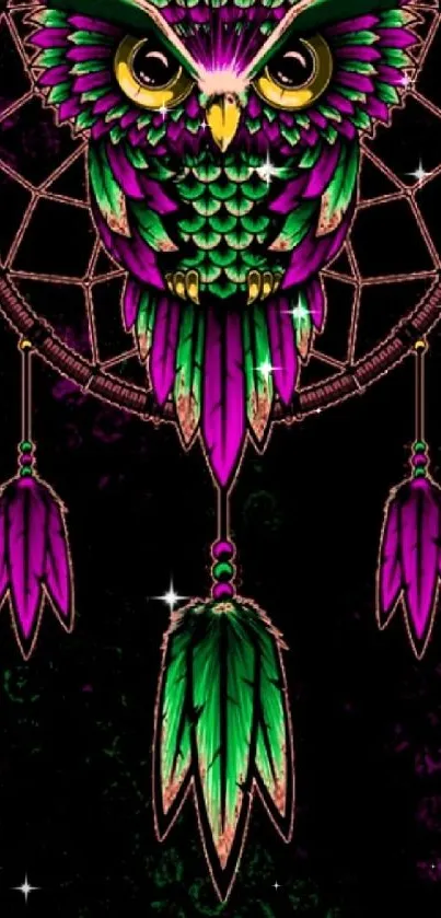 Vibrant purple and green owl dreamcatcher wallpaper art.