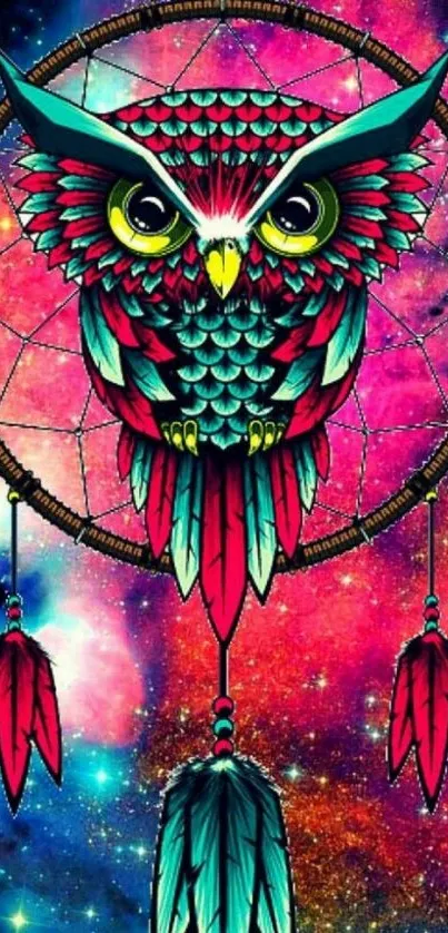 Vibrant owl dreamcatcher in galaxy theme, colorful mobile wallpaper.