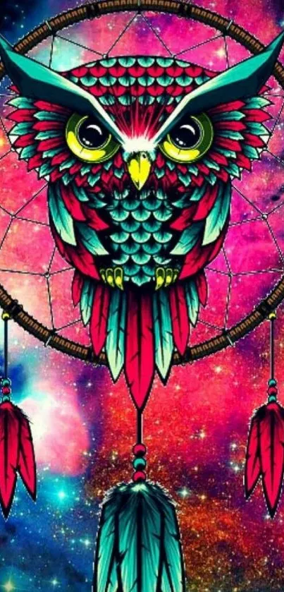 Colorful owl dreamcatcher with cosmic backdrop.