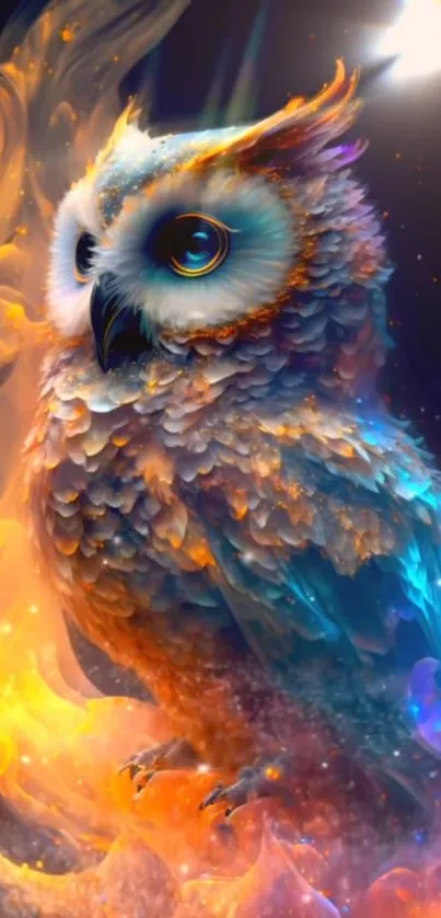 Vibrant fantasy owl art with colorful feathers and dreamlike design.