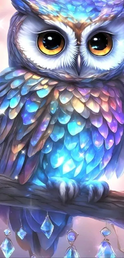 Colorful fantasy art owl on a branch.