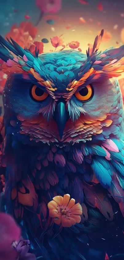 Vibrant owl fantasy art with colorful feathers and intense eyes in a dreamy setting.