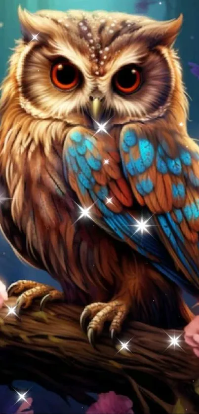 Fantasy owl with vibrant feathers and enchanting background.