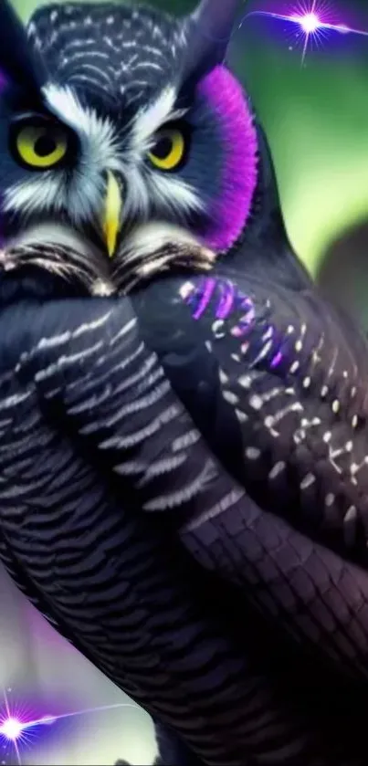 Vibrant mystical owl with purple accents on a fantasy background.