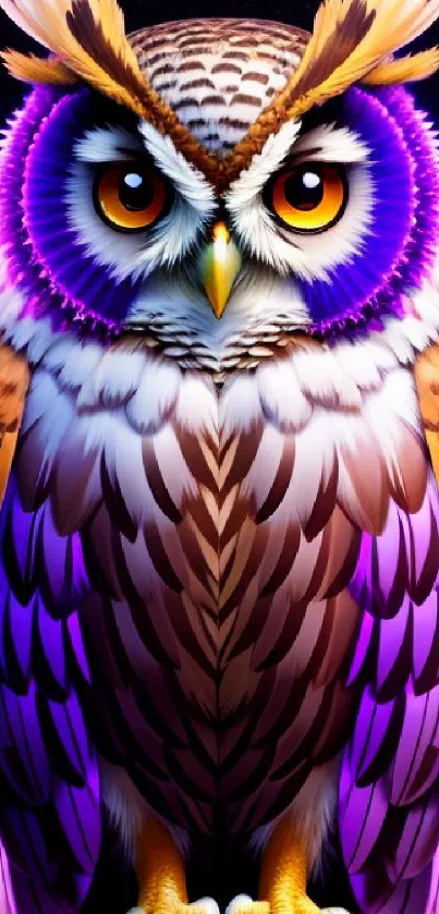 Colorful owl illustration with vibrant purple and orange details on a dark background.