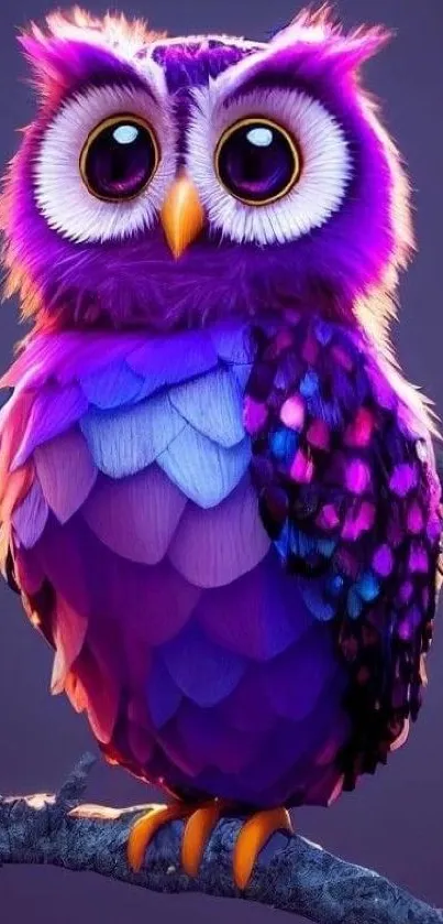 Vibrant purple fantasy owl perched on a branch in a digital artwork.