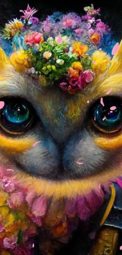 Colorful owl adorned with flowers, vibrant artwork for mobiles.