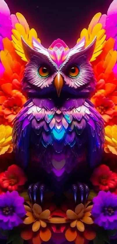 Vibrant owl surrounded by colorful flowers in an abstract style.