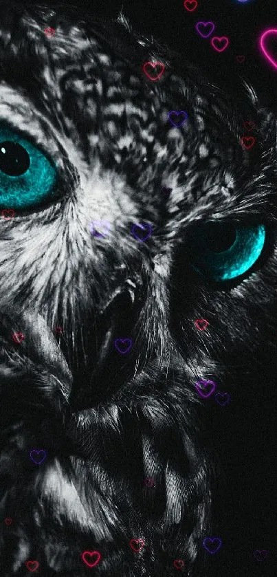 Owl with teal eyes and neon heart accents on dark background.