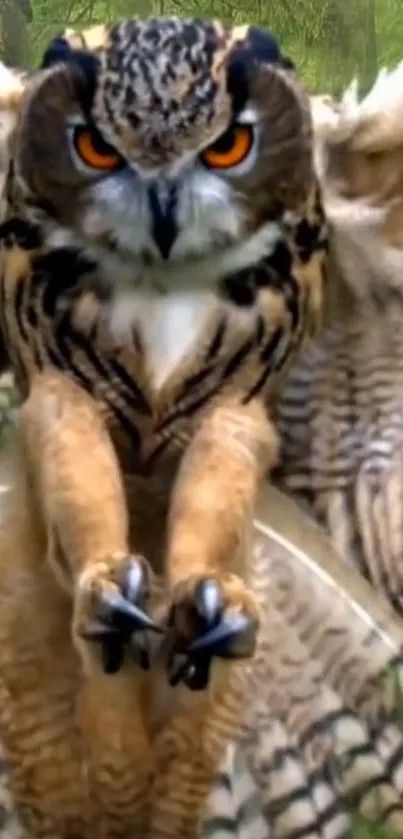 Owl flying against green forest background, vibrant and majestic.