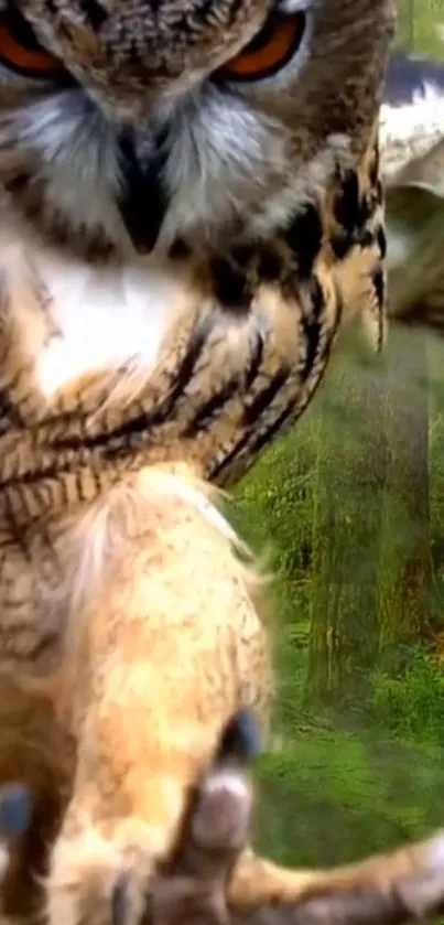 A vibrant owl descends in a lush green forest background.