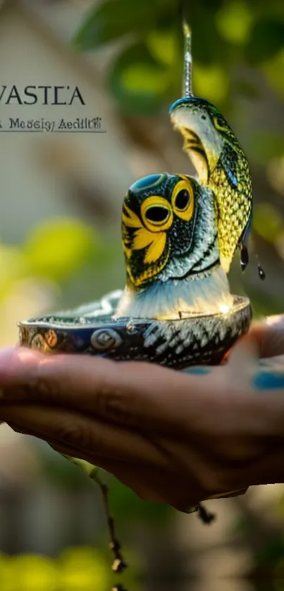 Artwork of a vibrant owl in hands with green background.