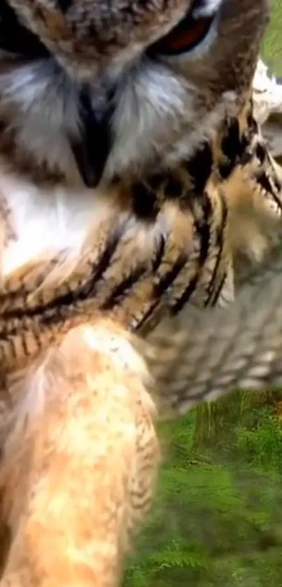 Close-up of an owl in a lush green forest.