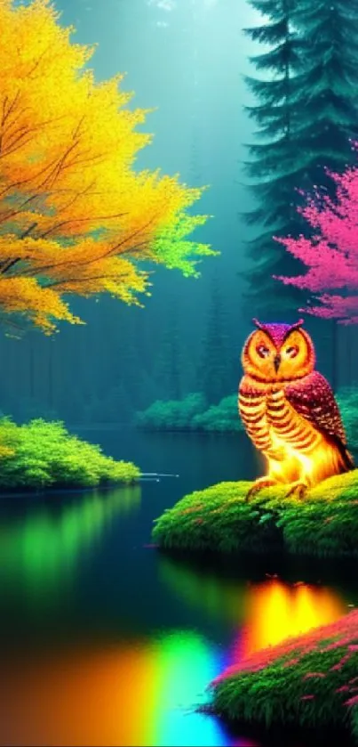 Vibrant owl perched in a colorful mystical forest scene.