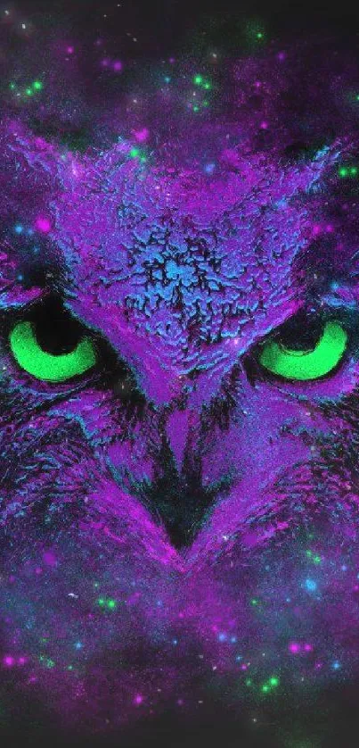 Neon owl with green eyes on a vibrant cosmic background.