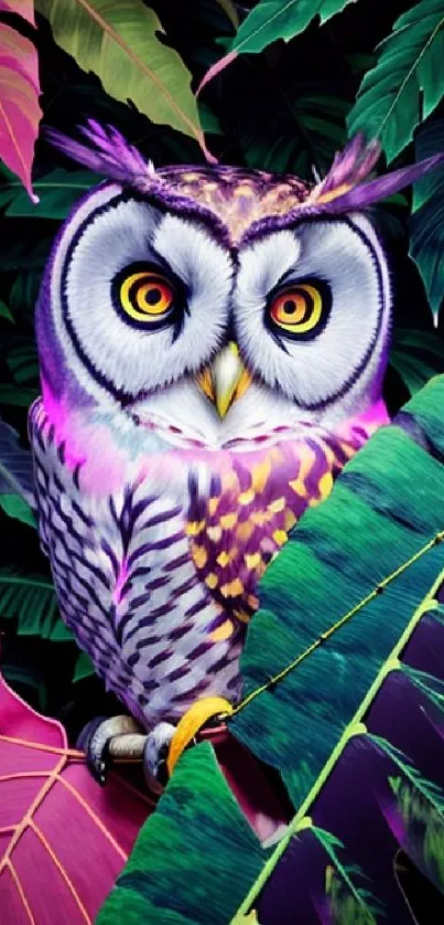Vibrant owl in jungle with colorful leaves.
