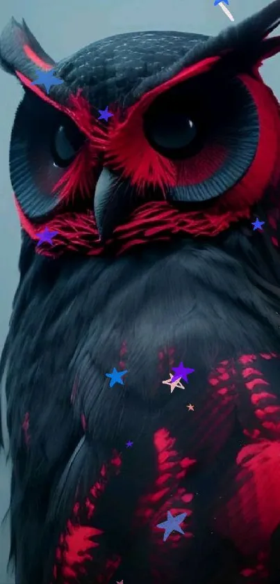 Owl with vibrant red and black feathers on mobile wallpaper.