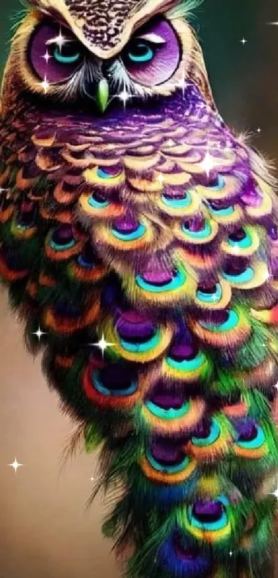 Colorful owl mobile wallpaper with vibrant feather design.