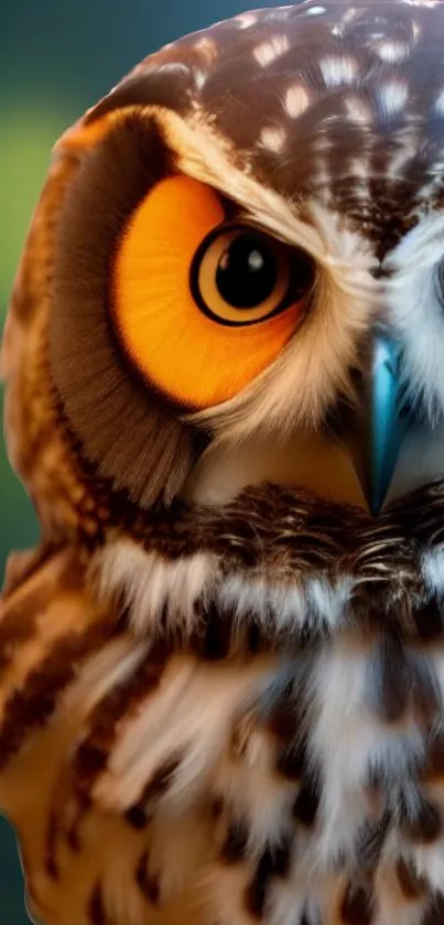 Vibrant close-up of an owl with striking orange eyes and detailed features.