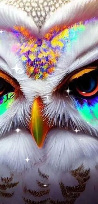 Vivid owl portrait with colorful feathers on mobile wallpaper.