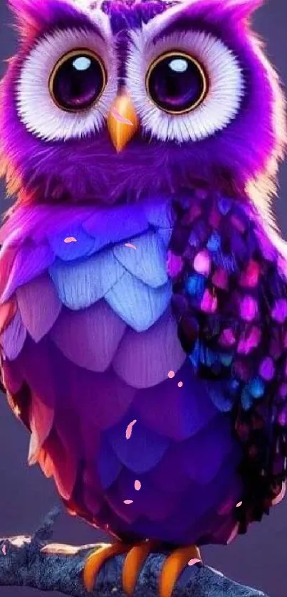 Colorful purple owl perched on a branch in vibrant mobile wallpaper.